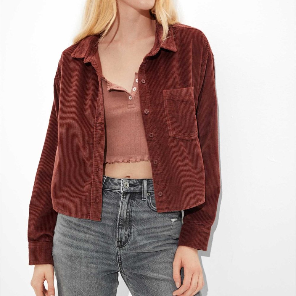 AE Dark Rust Cropped Corduroy Button-Up